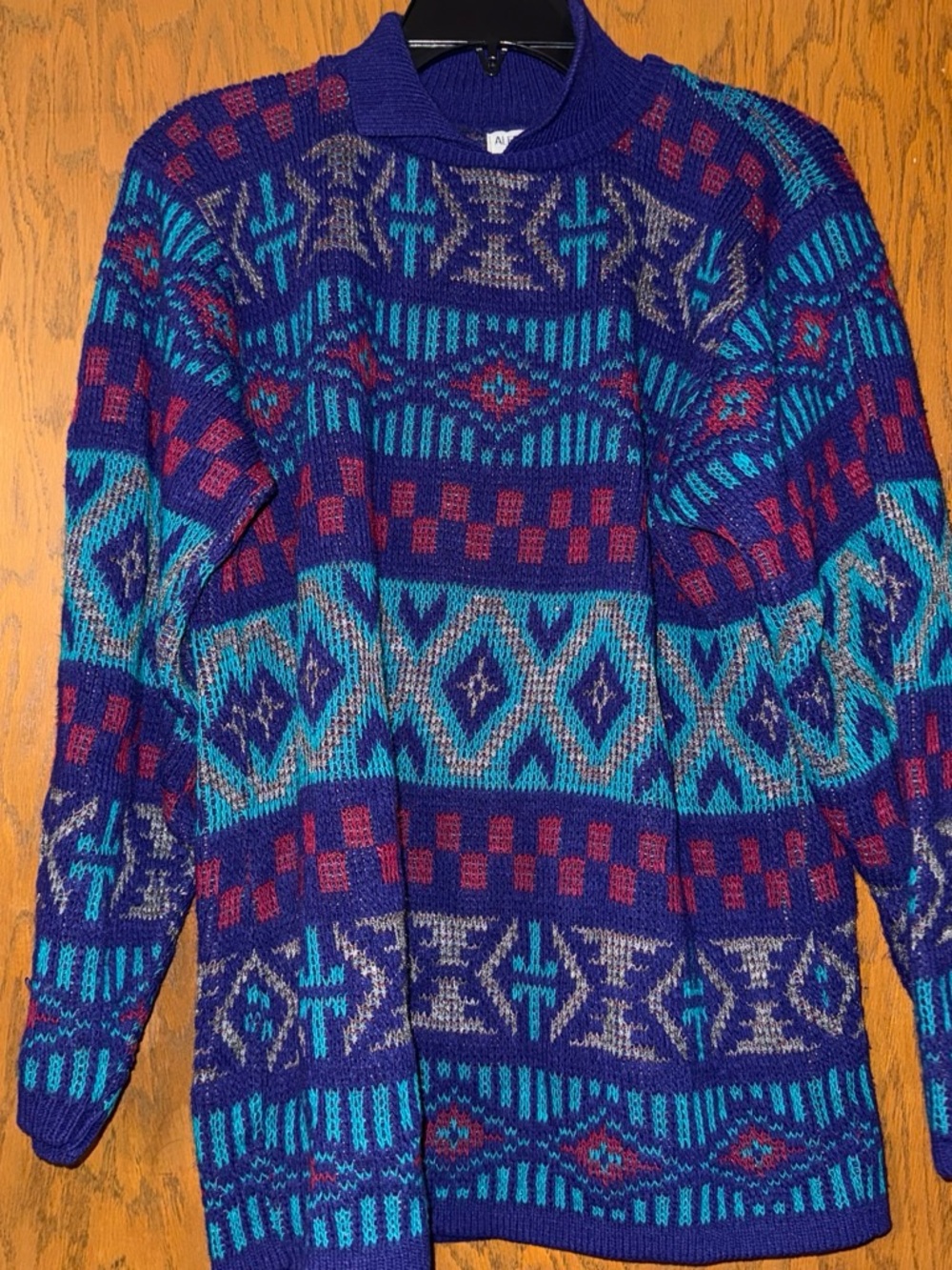 Alfred Dunner Blue Teal and Burgundy Geometric Crewneck Sweater
